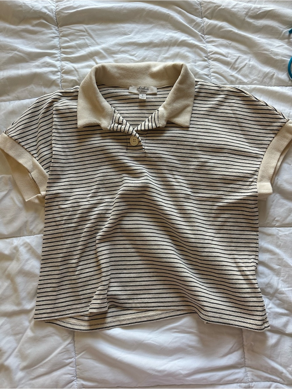 Short-Sleeve Polo Top in Cream with Black Stripe